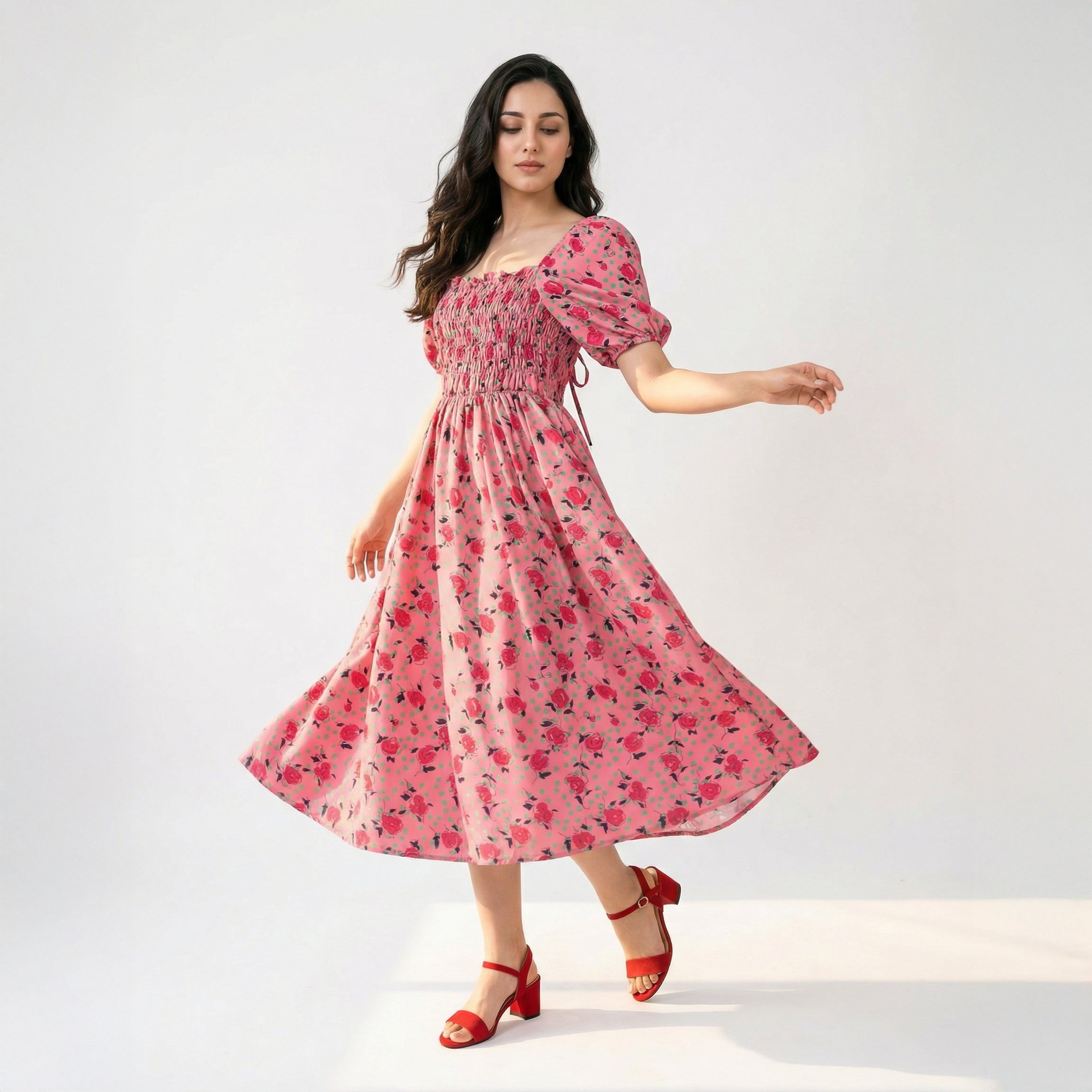 Ladies Floral Smocked Midi Dress