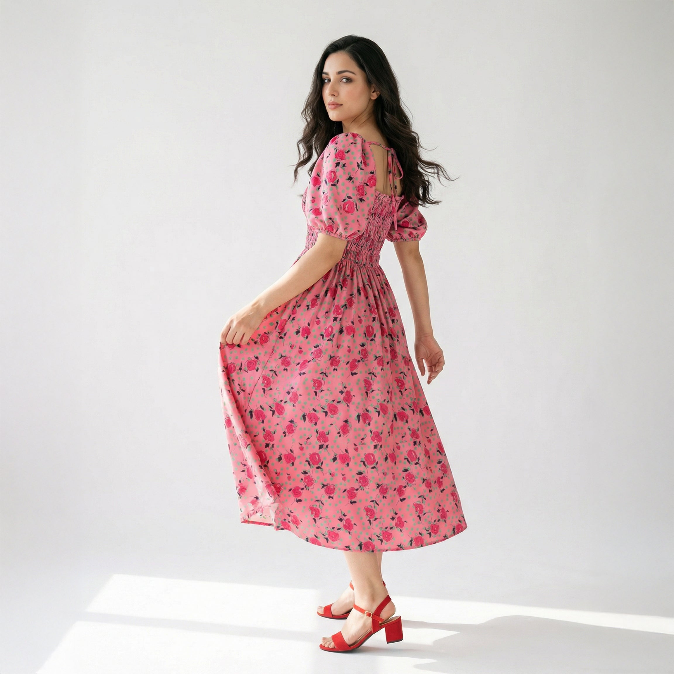 Ladies Floral Smocked Midi Dress