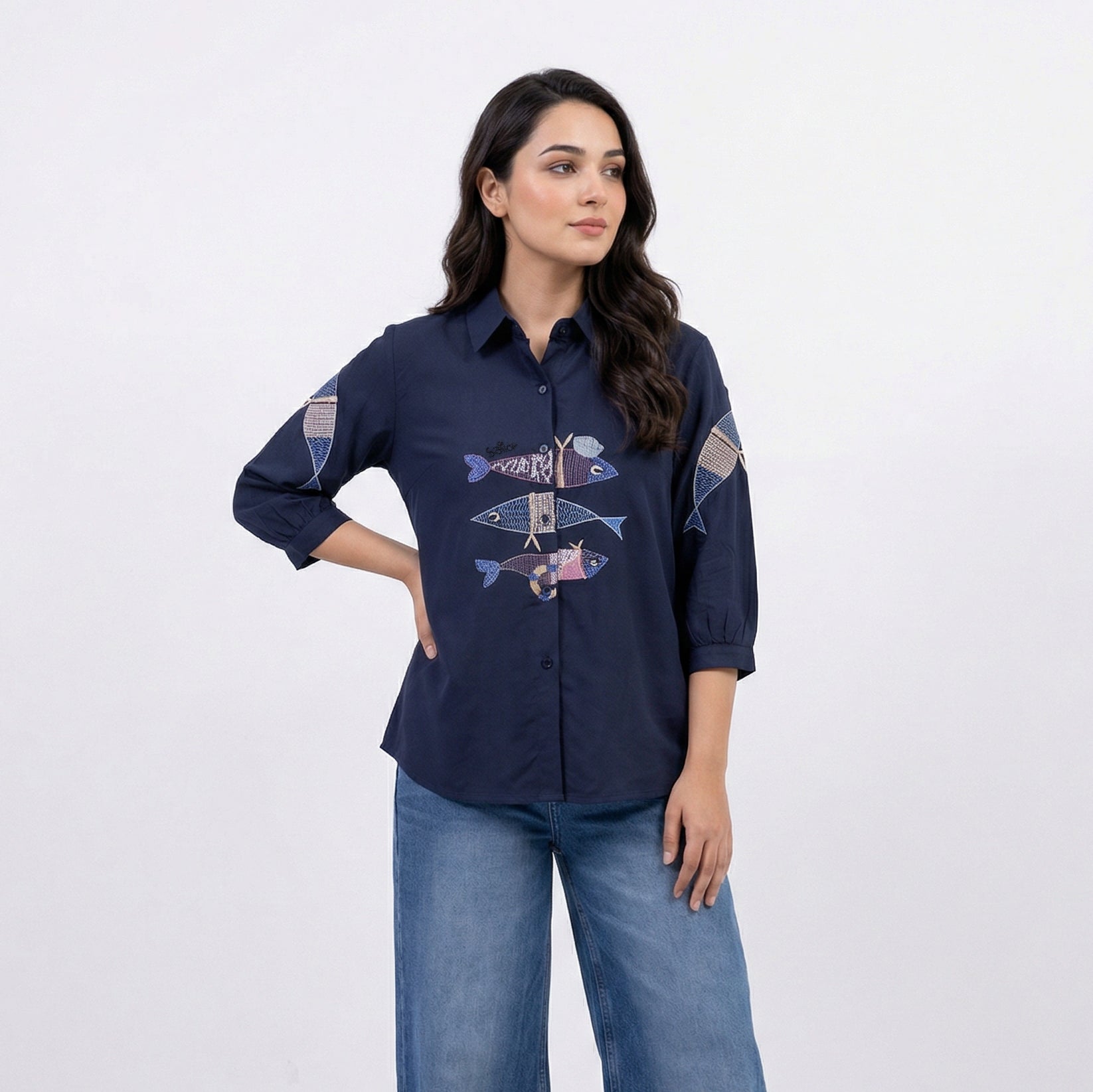 Ladies Embroidered Blue Shirt