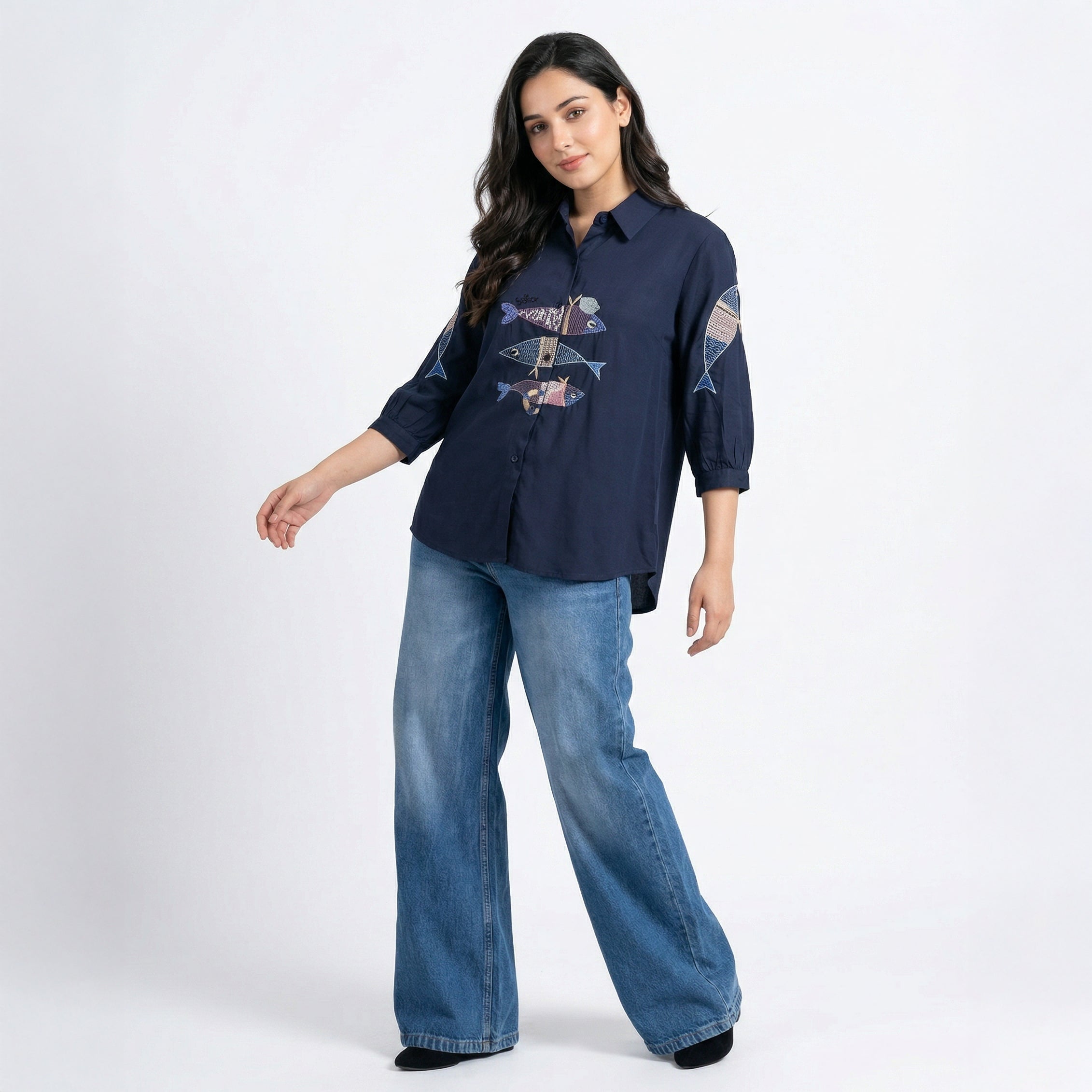 Ladies Embroidered Blue Shirt