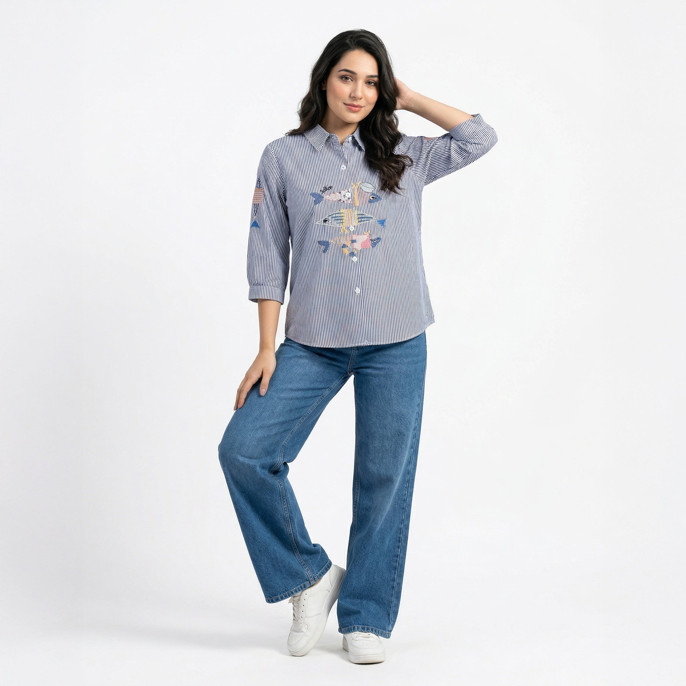 Ladies Embroidered Striped Shirt