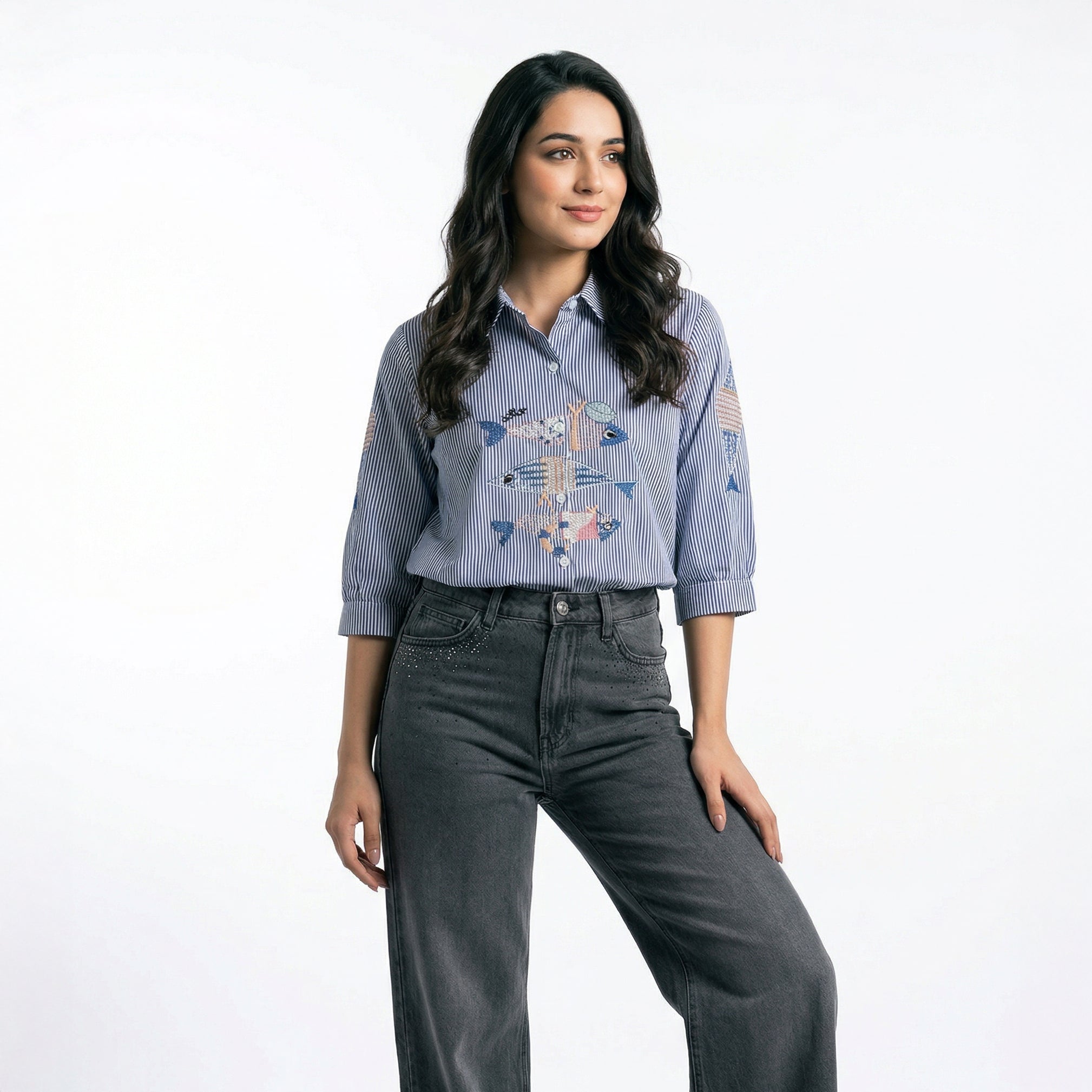 Ladies Embroidered Striped Shirt