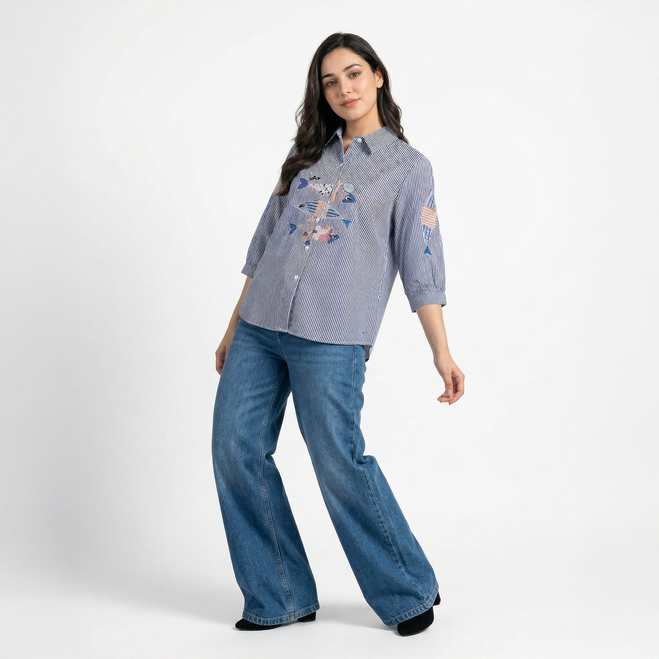 Ladies Embroidered Striped Shirt